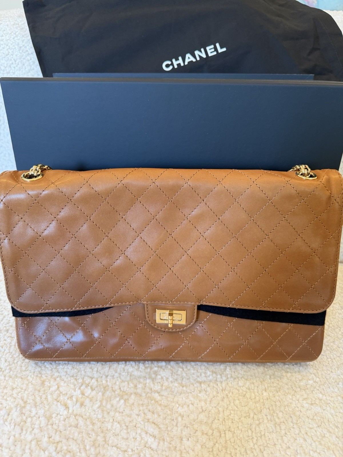 CHANEL Brown Quilted Flap Shoulder Bag Turn Lock Gold Chain Medium w/Box