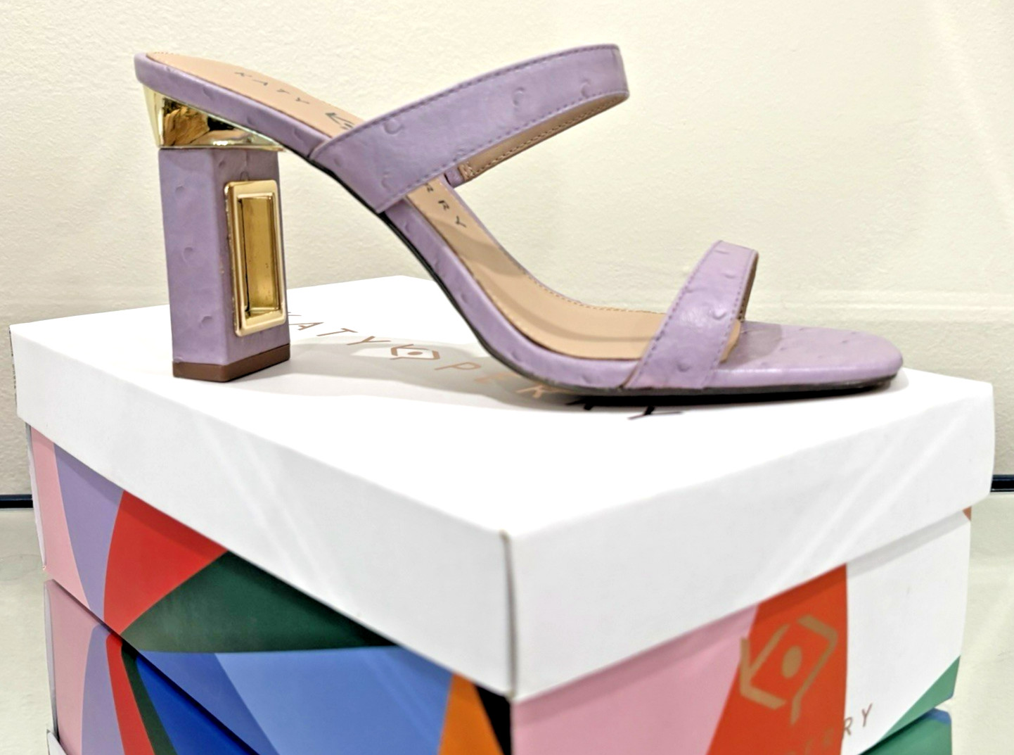 Katy Perry Lavender/Gold Metallic Slip-On Open Toe Block Heel Sandal 8.5M