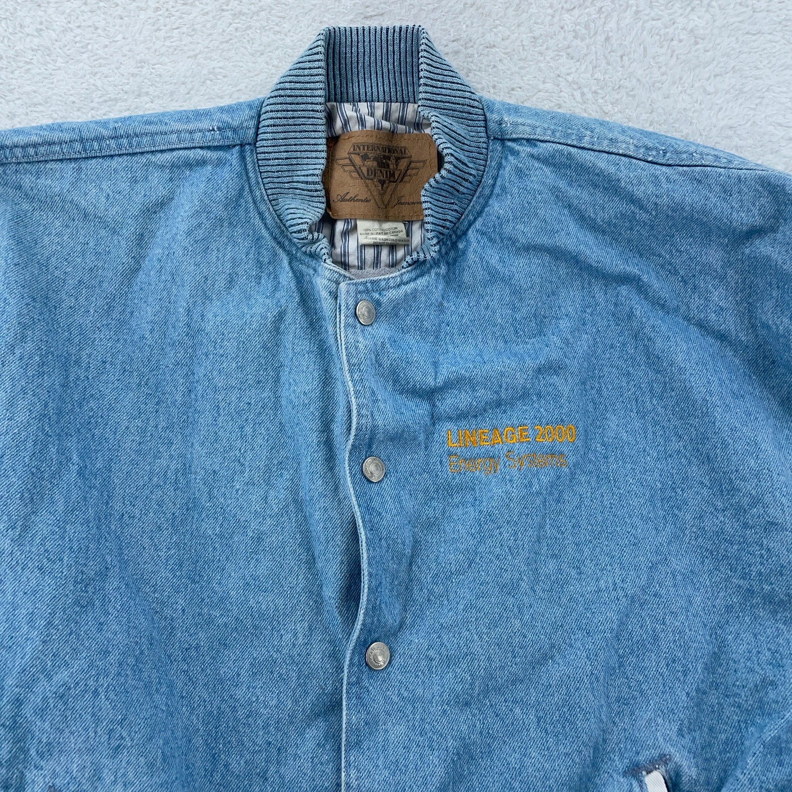 Vtg 90s AT&T Energy Systems Lineage 2000 Denim Bomber Jacket Mens M Varsity