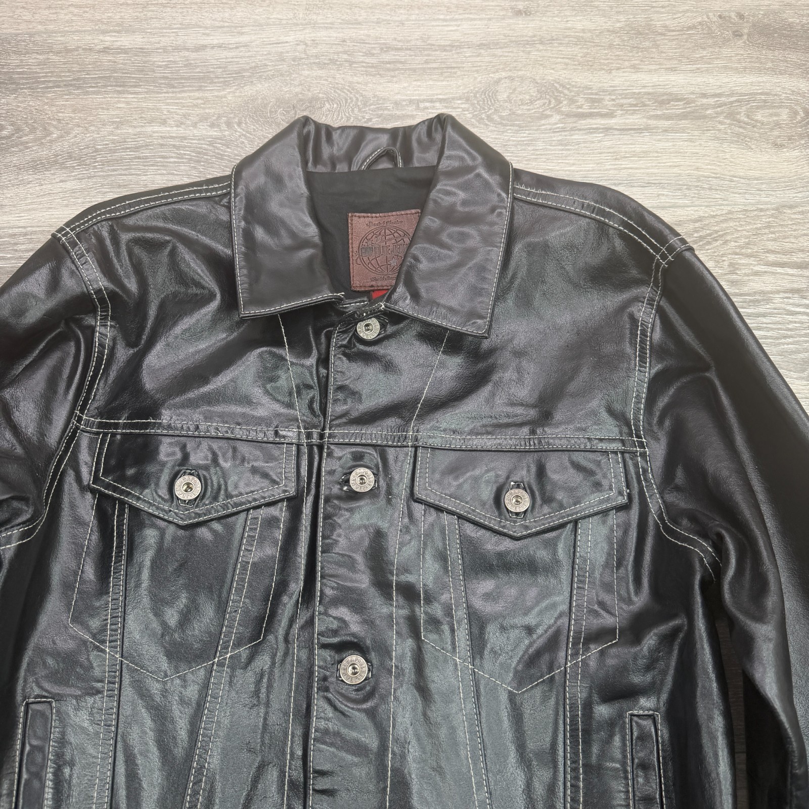 VTG Gap Leather Jacket Mens Small Black Trucker Boxy Stitch Moto Biker Y2K 90s