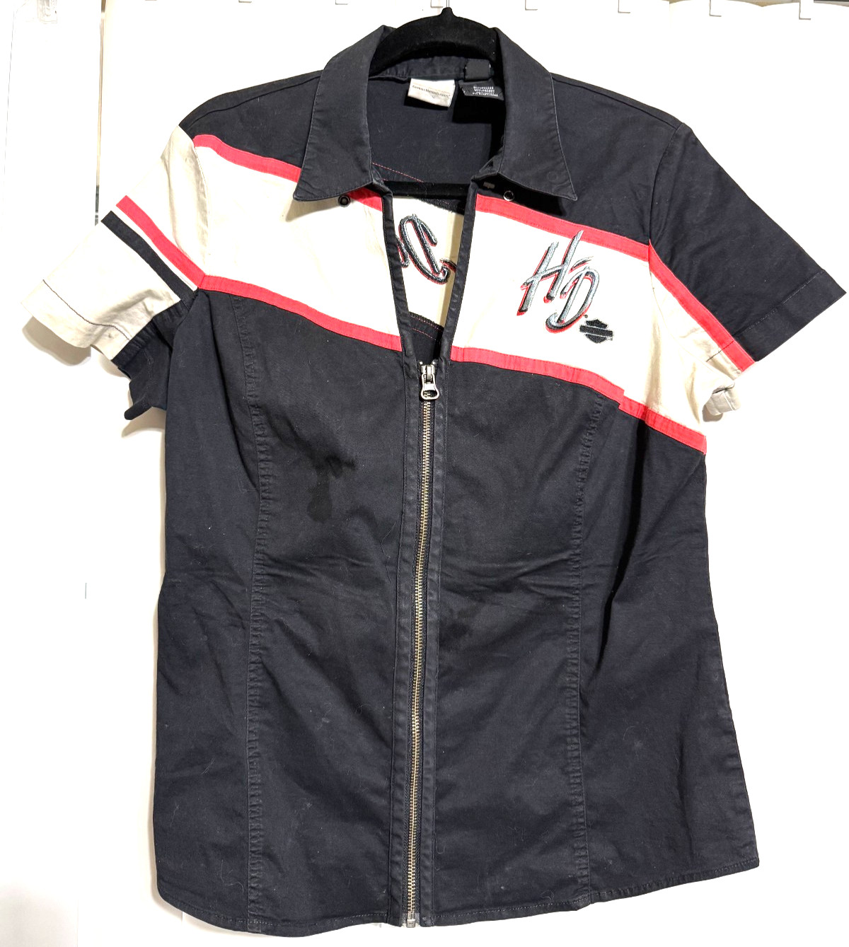 Harley-Davidson Womens Shirt Large Orange Colorblock Zip Up Short Sleeve w Logo