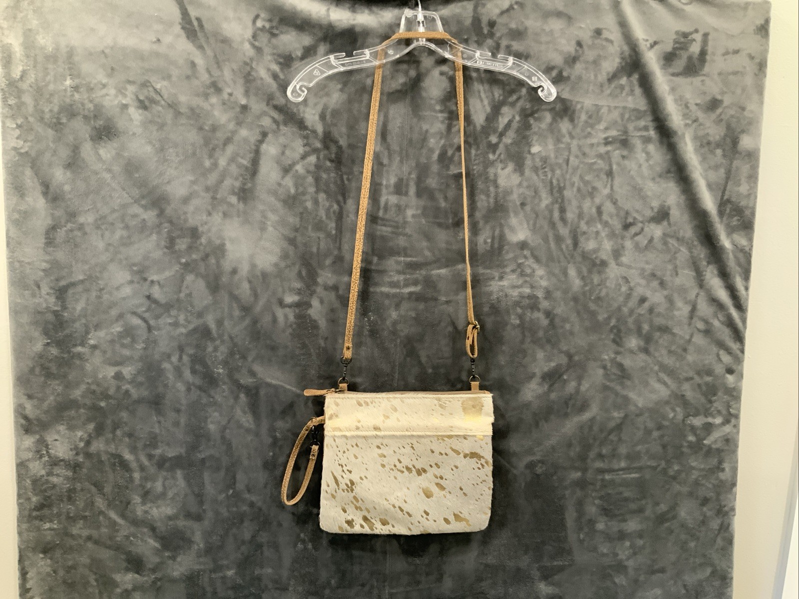 Myra Leather & Cowhide Brown, White & Gold Large Crossbody Purse Shoulderbag