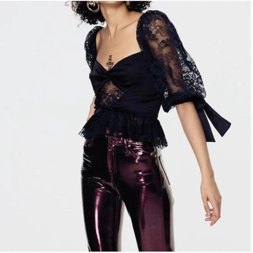 For Love and Lemons Sonia Black Lace & Satin Puff Sleeve Top Sz Small NWT