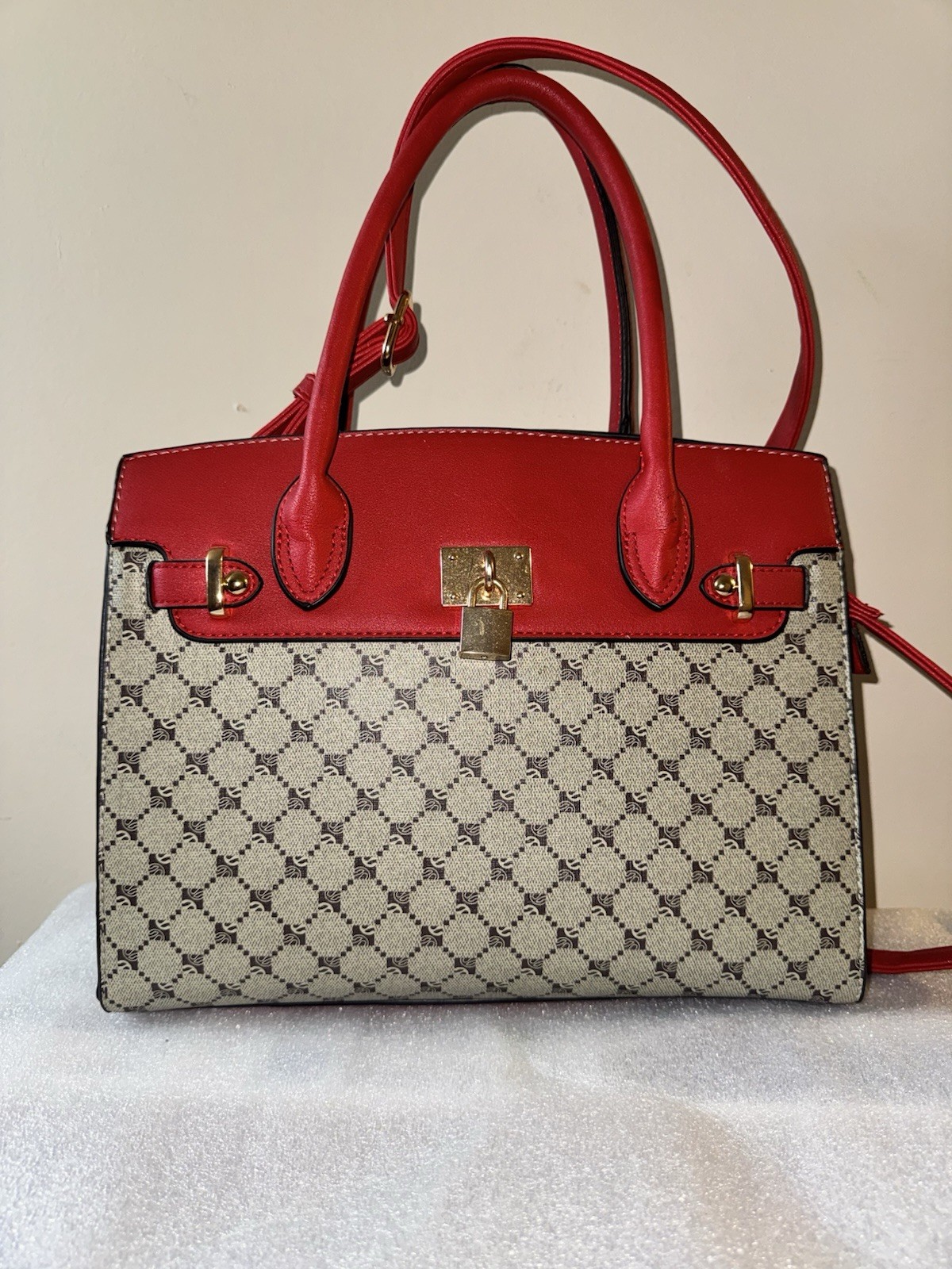Women’s Beige/Red Monogram Satchel Top Handle, Adjustable Strap, Zip Push Lock