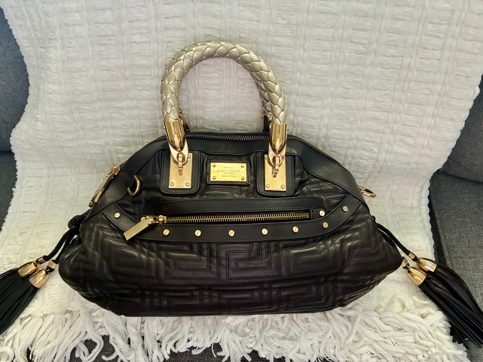 Gianni Versace Couture Greek Leather Satchel “Madonna” Bag Black Y2K era