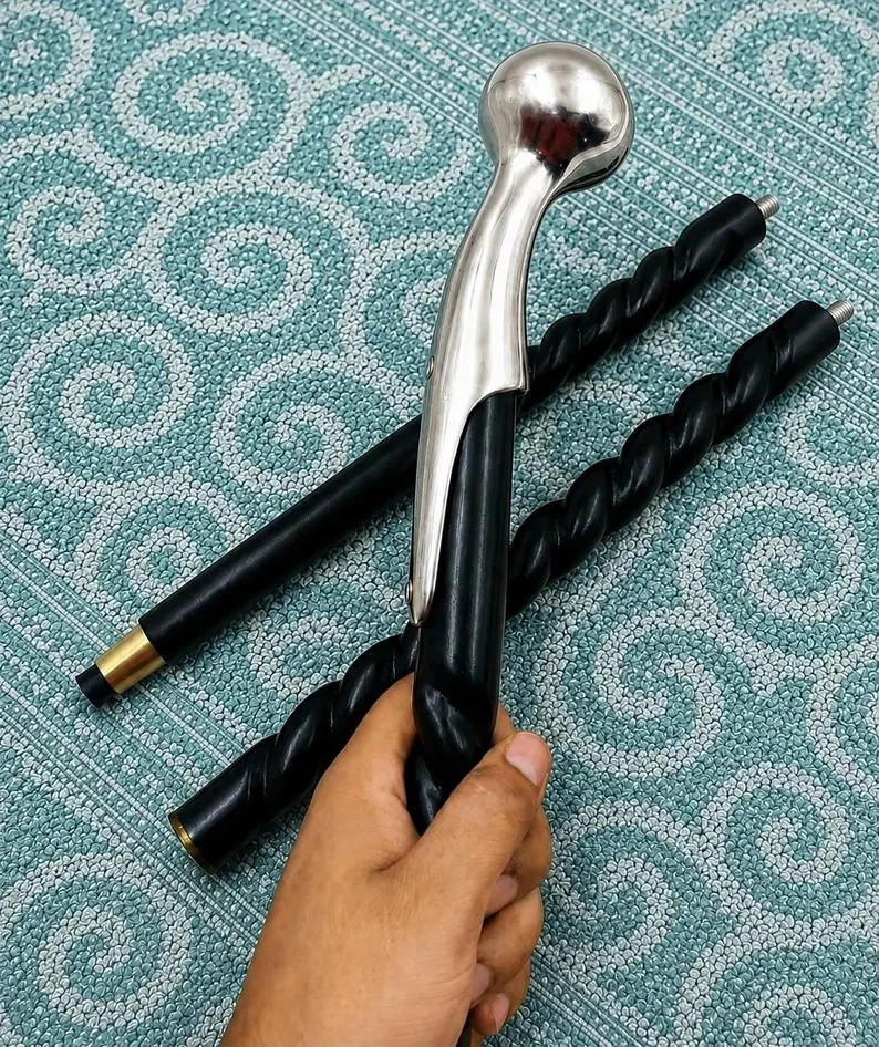 Vintage Black Wooden Walking Cane Brass Buba Head Handle Collectible Gift