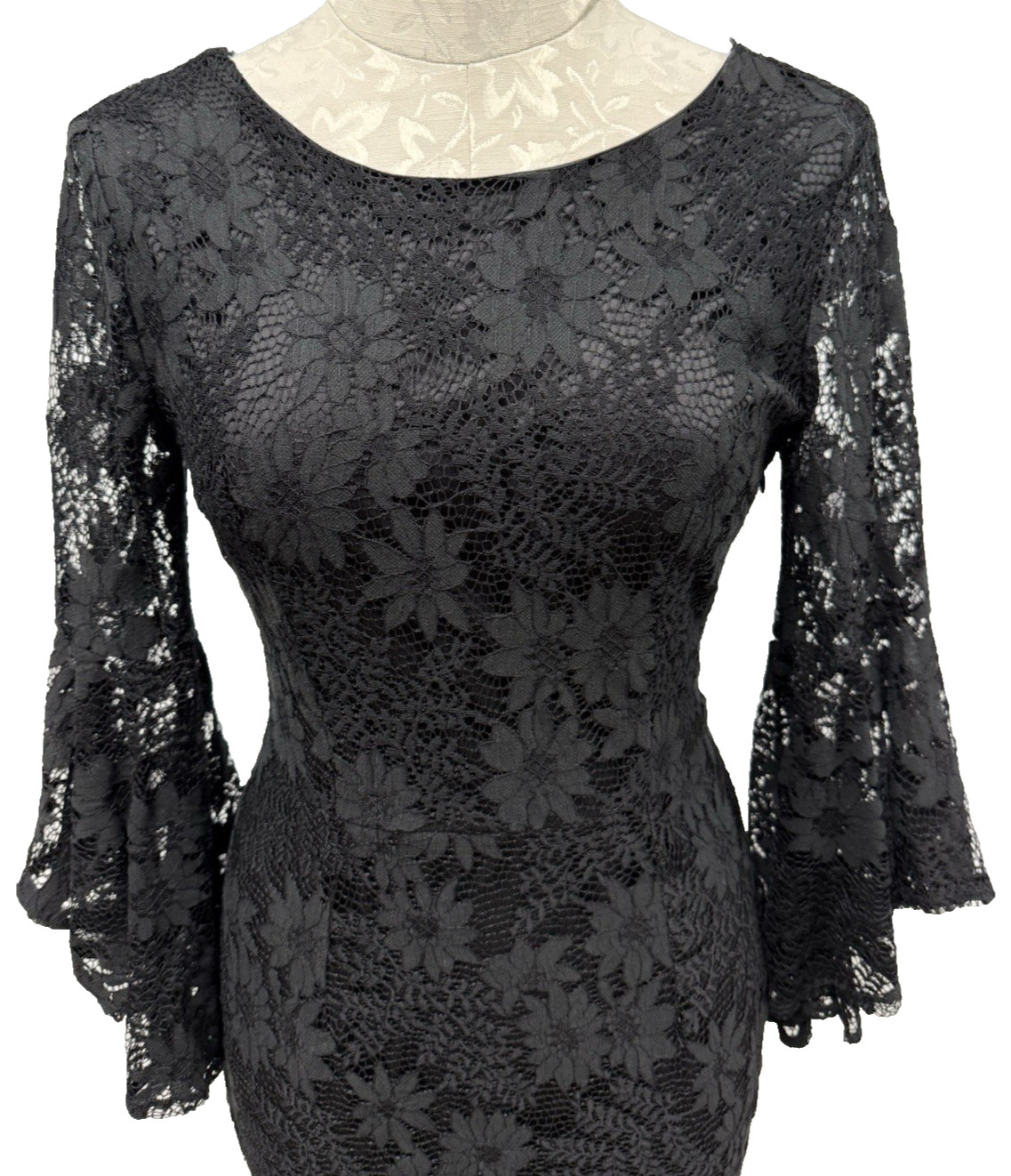 Lulus Illusion Lace Sheath Mini Dress Bell Sleeves Black Women’s Medium