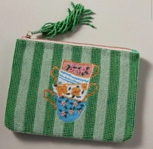 Anthropologie Fiona Beaded Tea Cups Green Blue White Pouch Clutch New NWT