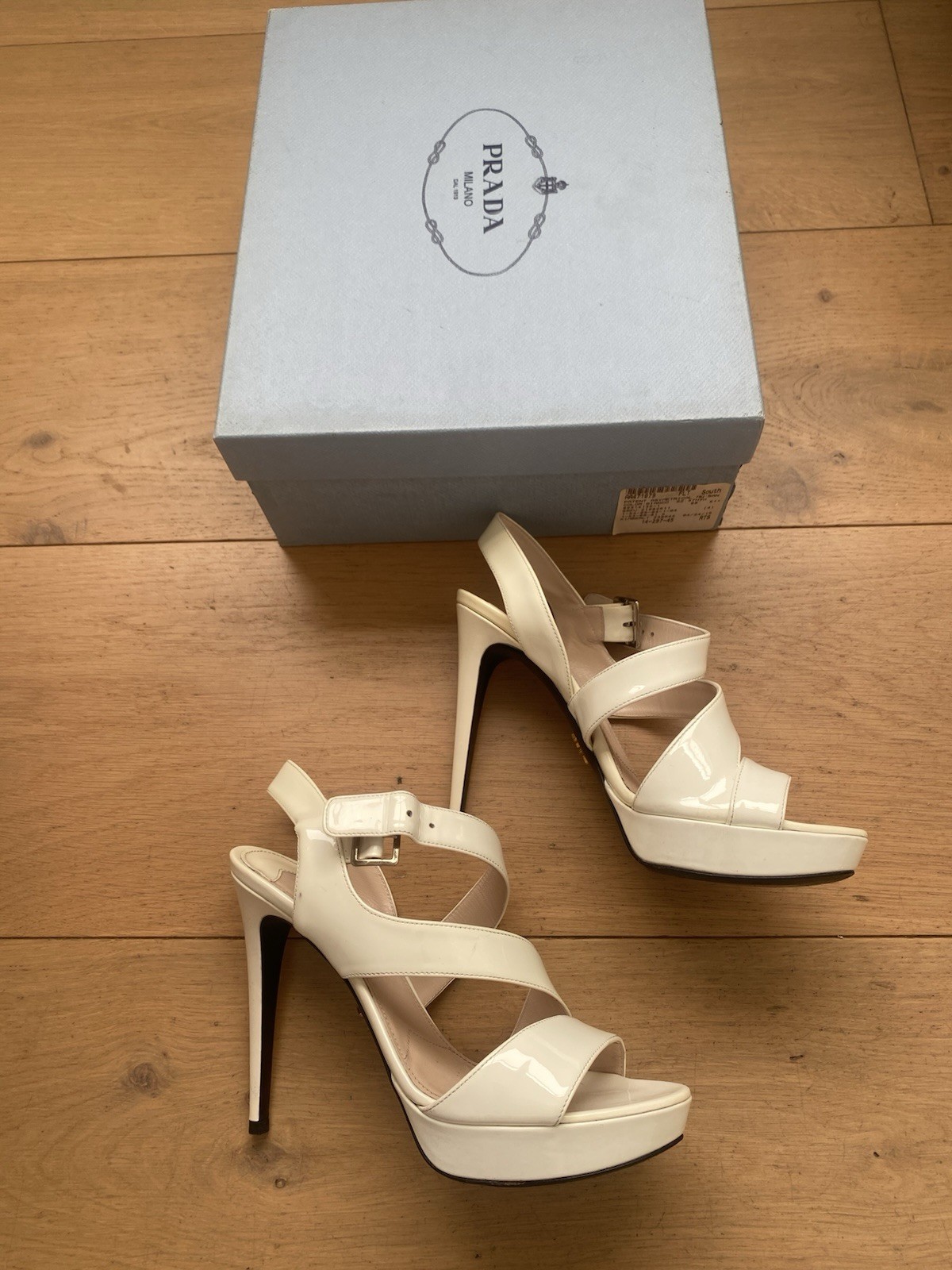 PRADA Leather Stiletto Strappy Sandals Heels 12cm in Bianco/cream 37.5 Aus 6.5