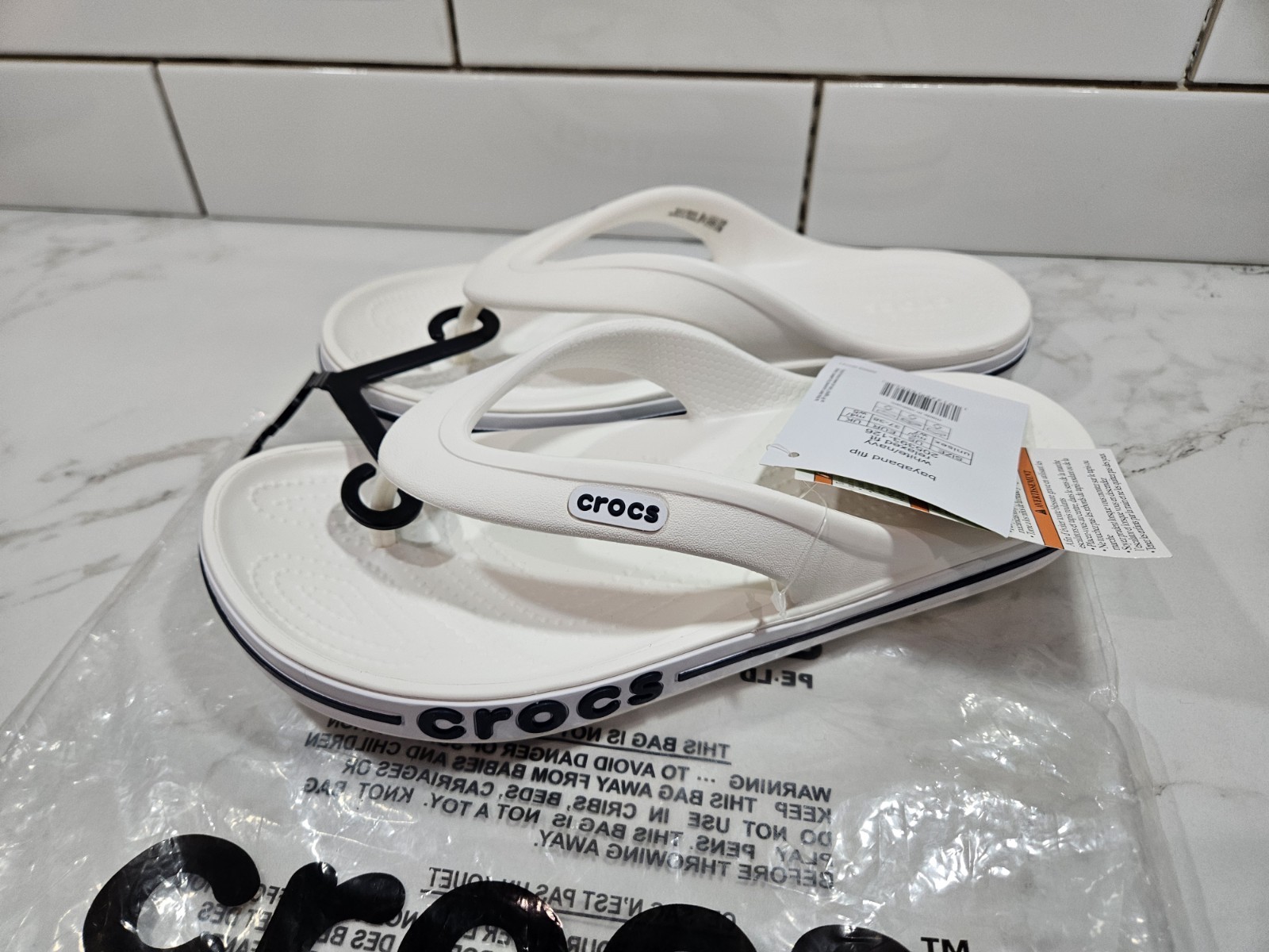 Crocs Bayaband Flip White Navy Comfort Thong Sandals Unisex M5/W7