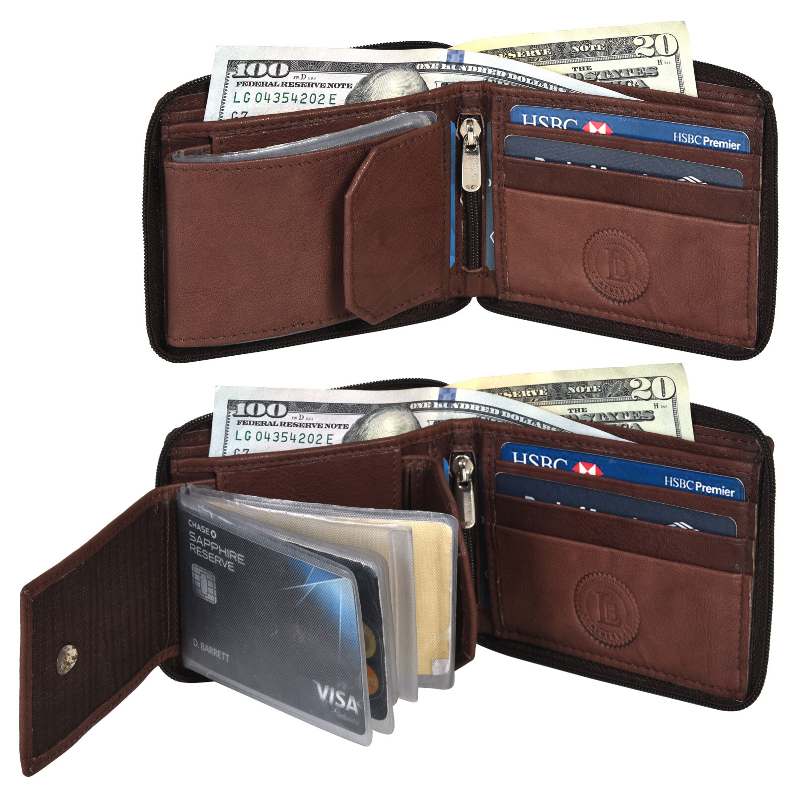Men’s Zipper RFID Blocking Premium Leather Zip-Around ID Bifold Wallet