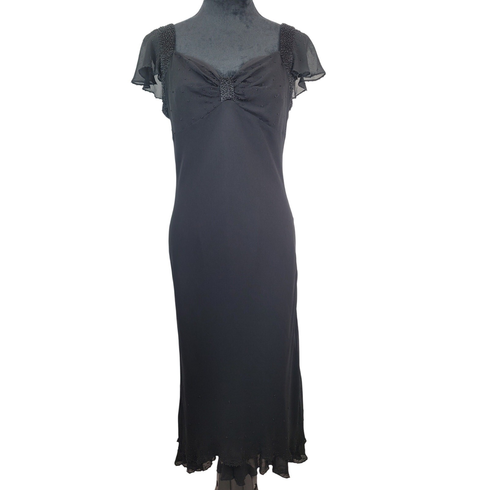 Jones New York Regency Silk Beaded Accent Evening Gown Dress Black Womens 10