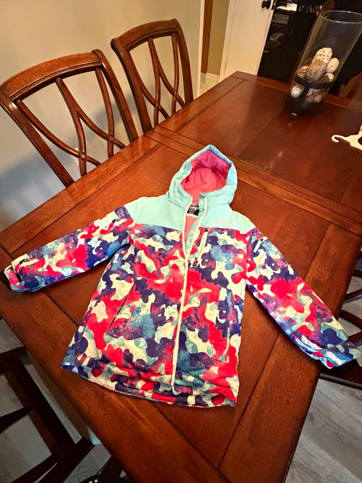 Hurley Kids Hooded Ski Jacket Multicolor Camo Zip Lined Insulated M 10/12