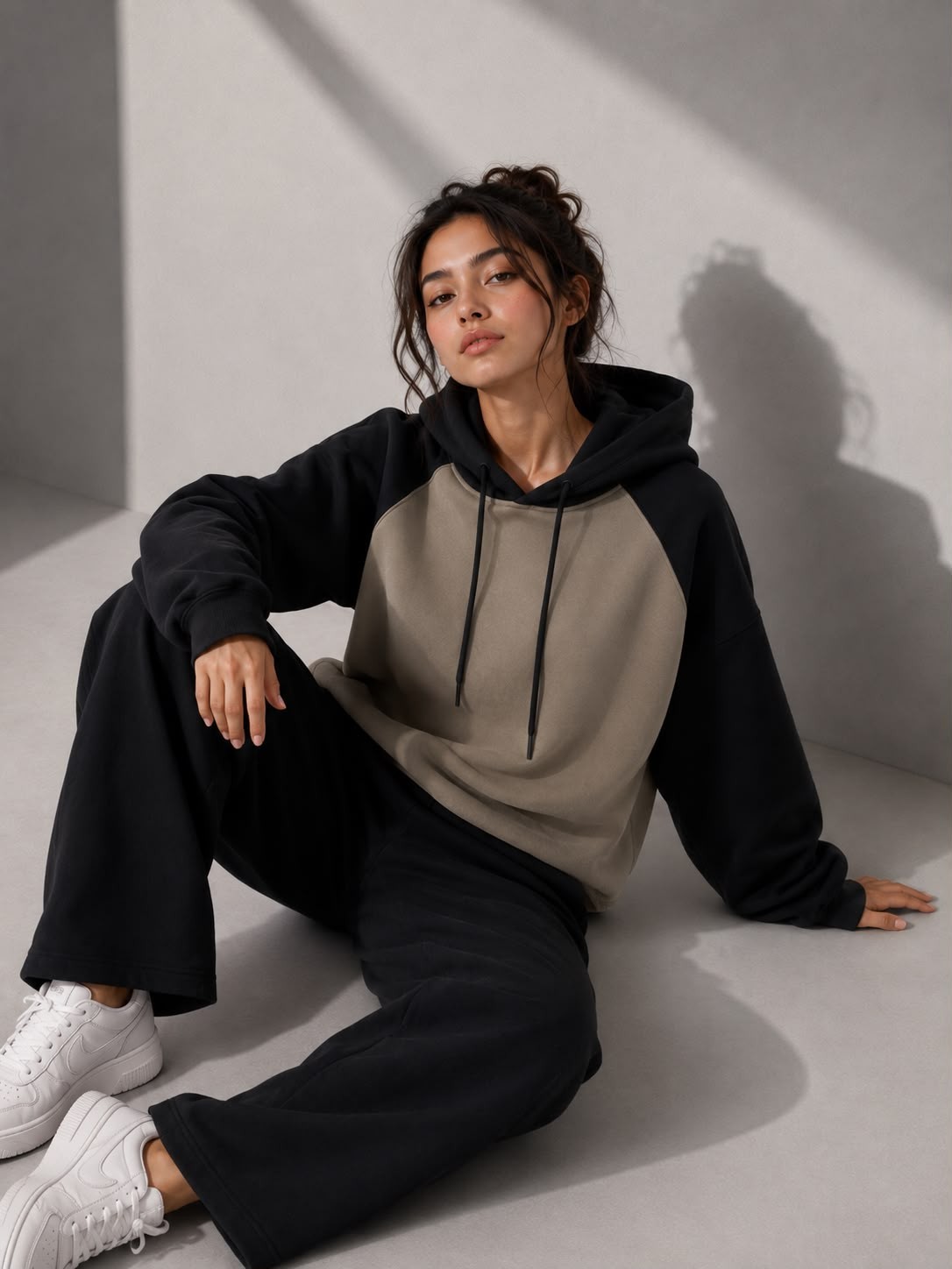 Women’s 2 Piece Hoodie & Wide Leg Pants Set Beige Black Casual Tracksuit Outfit