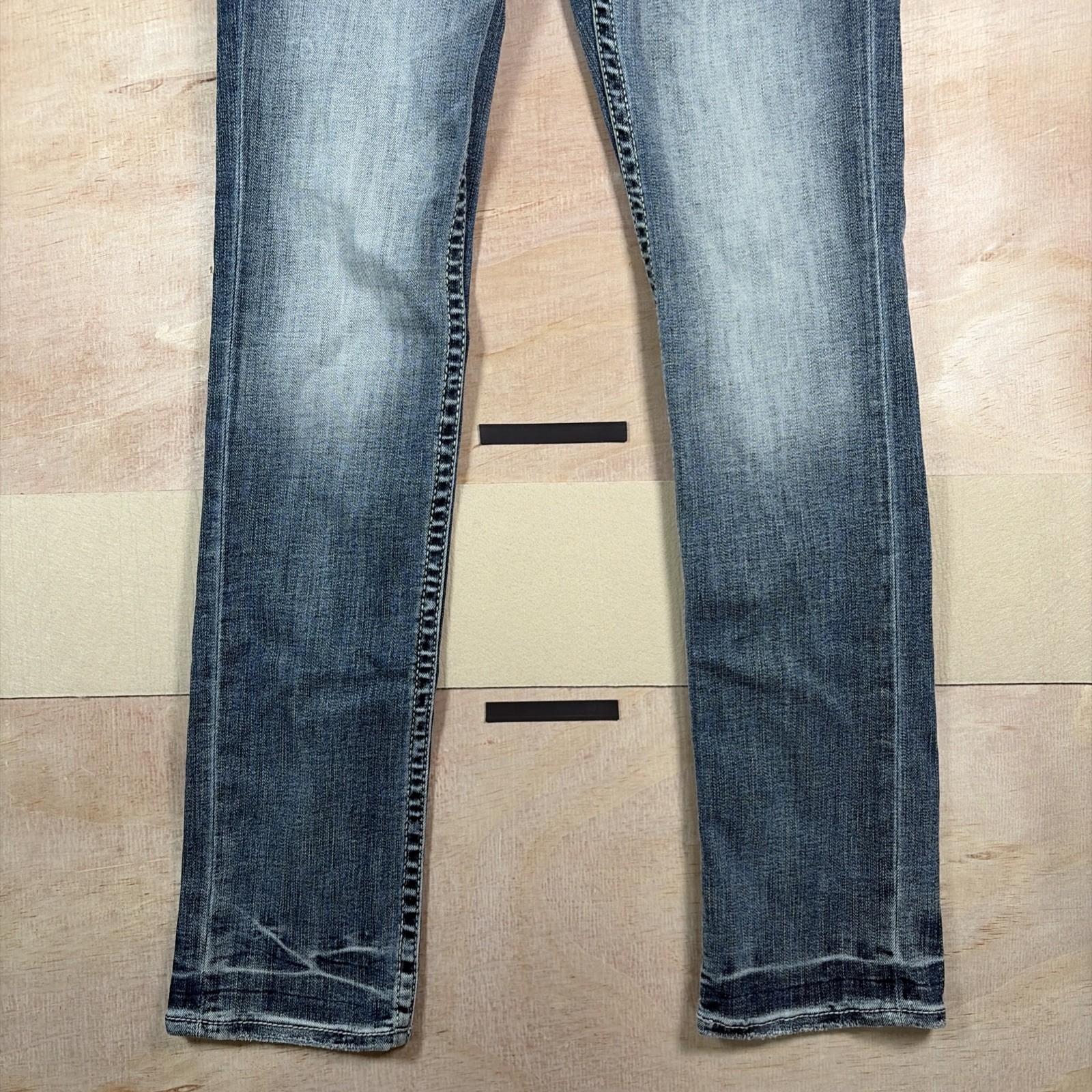 BKE Alec Denim Jeans Mens 26×32 Straight Dark Wash Stretch Thick Stitch Distress