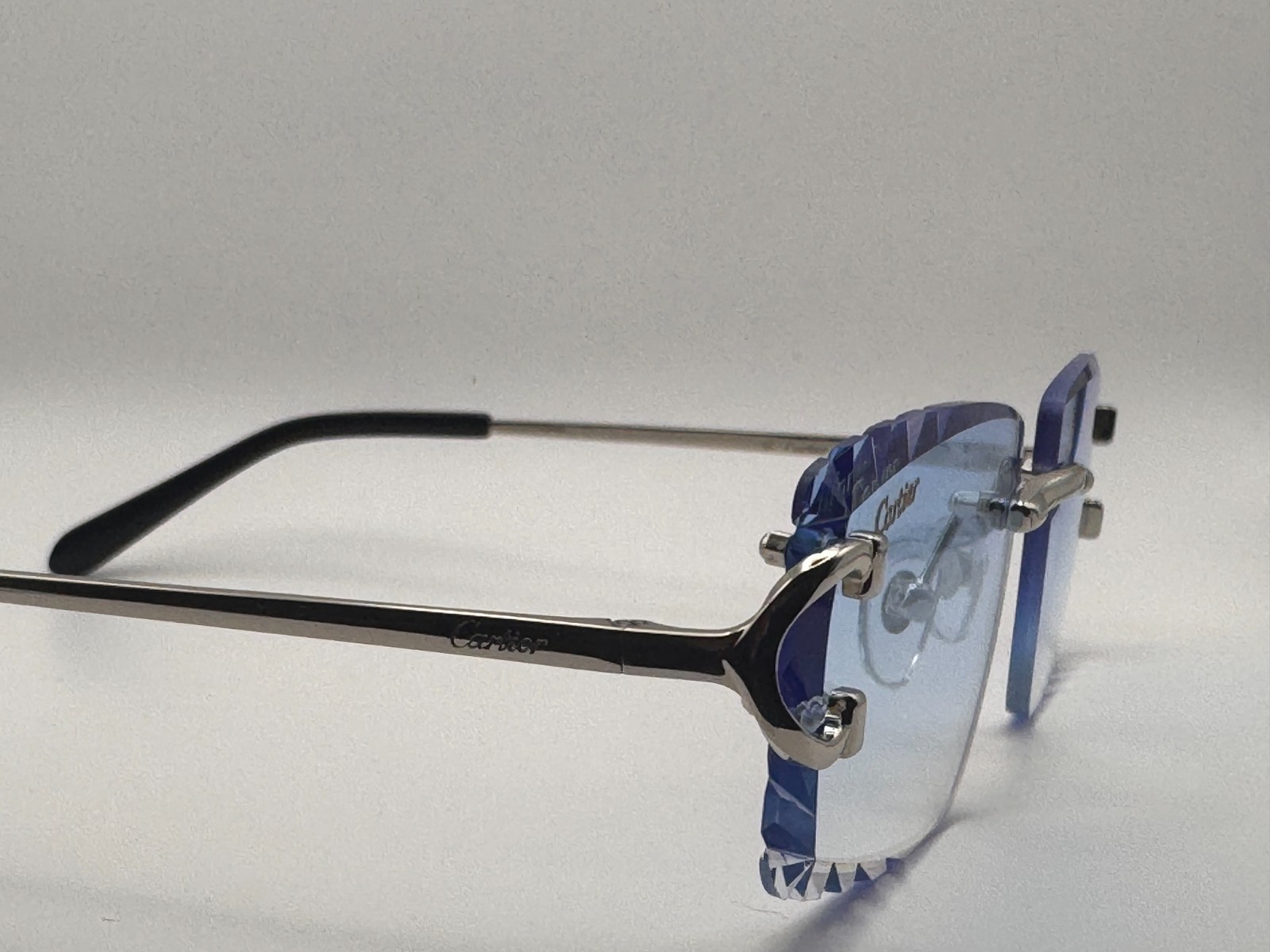 Cartier Big C Decor Frameless Diamond Cut Blue Lens/Silver Frame