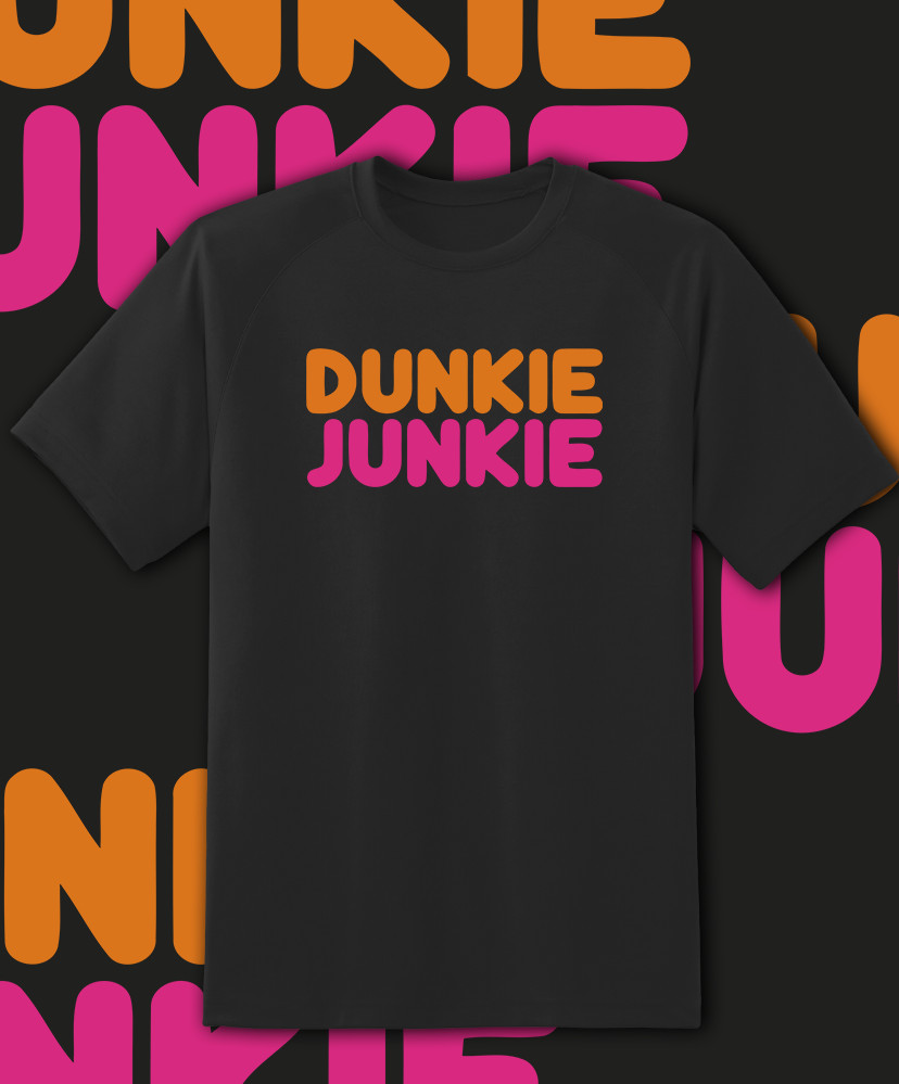 Dunkin Donuts Dunkie Junkie Coffee logo T Shirt Adult and youth size Fast Ship