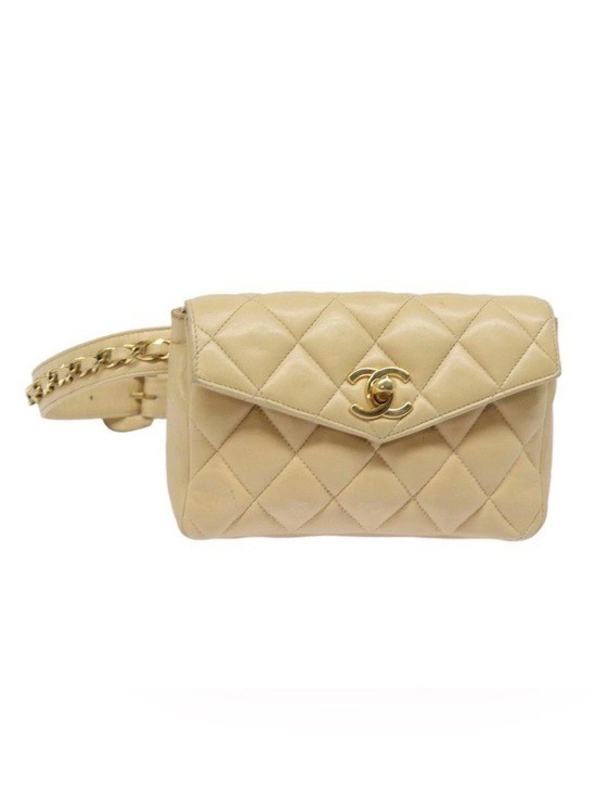 Authentic CHANEL vintage 1980s mini beige lambskin leather bum belt bag 75cm