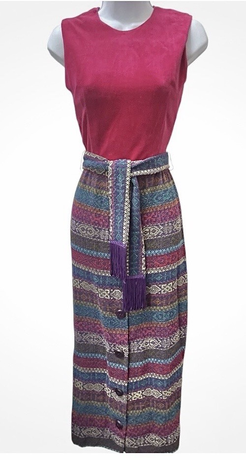 Vtg 60s Southwestern Boho Tapestry Maxi Dress XS Fringe Belt Sleeveless Velvet
