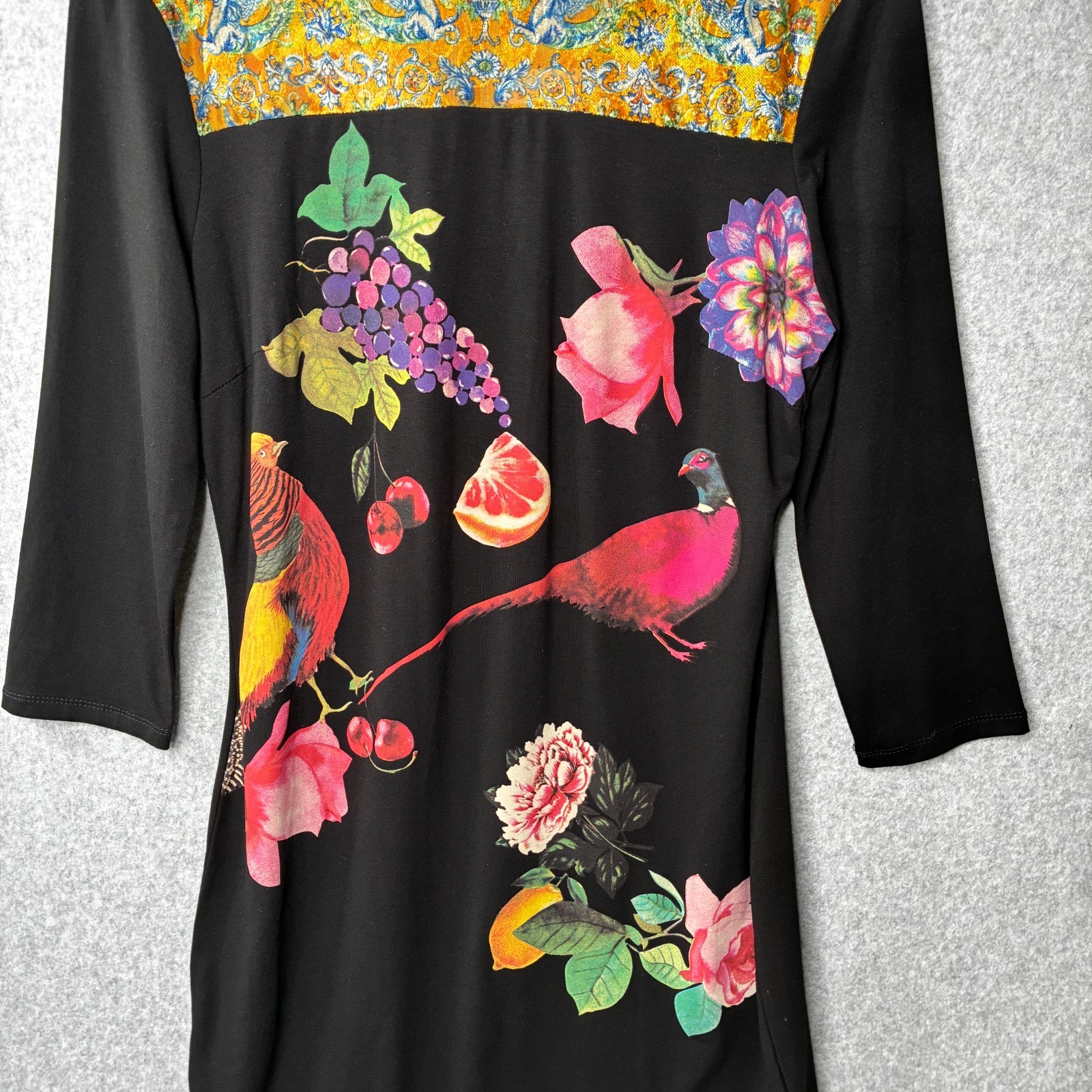 Desigual Dress Womens Large Black Floral Birds Art To Wear Vanity Model NEW