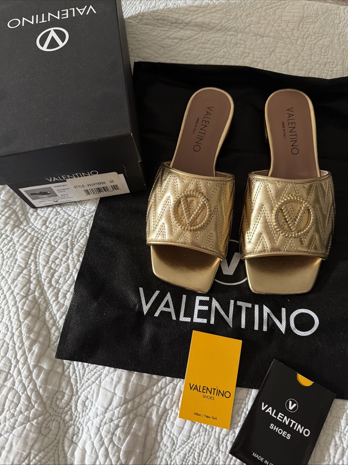 VALENTINO AFRODITE LOGO QUILTED LEATHER SLIP-ON SANDALS IN GOLD 6