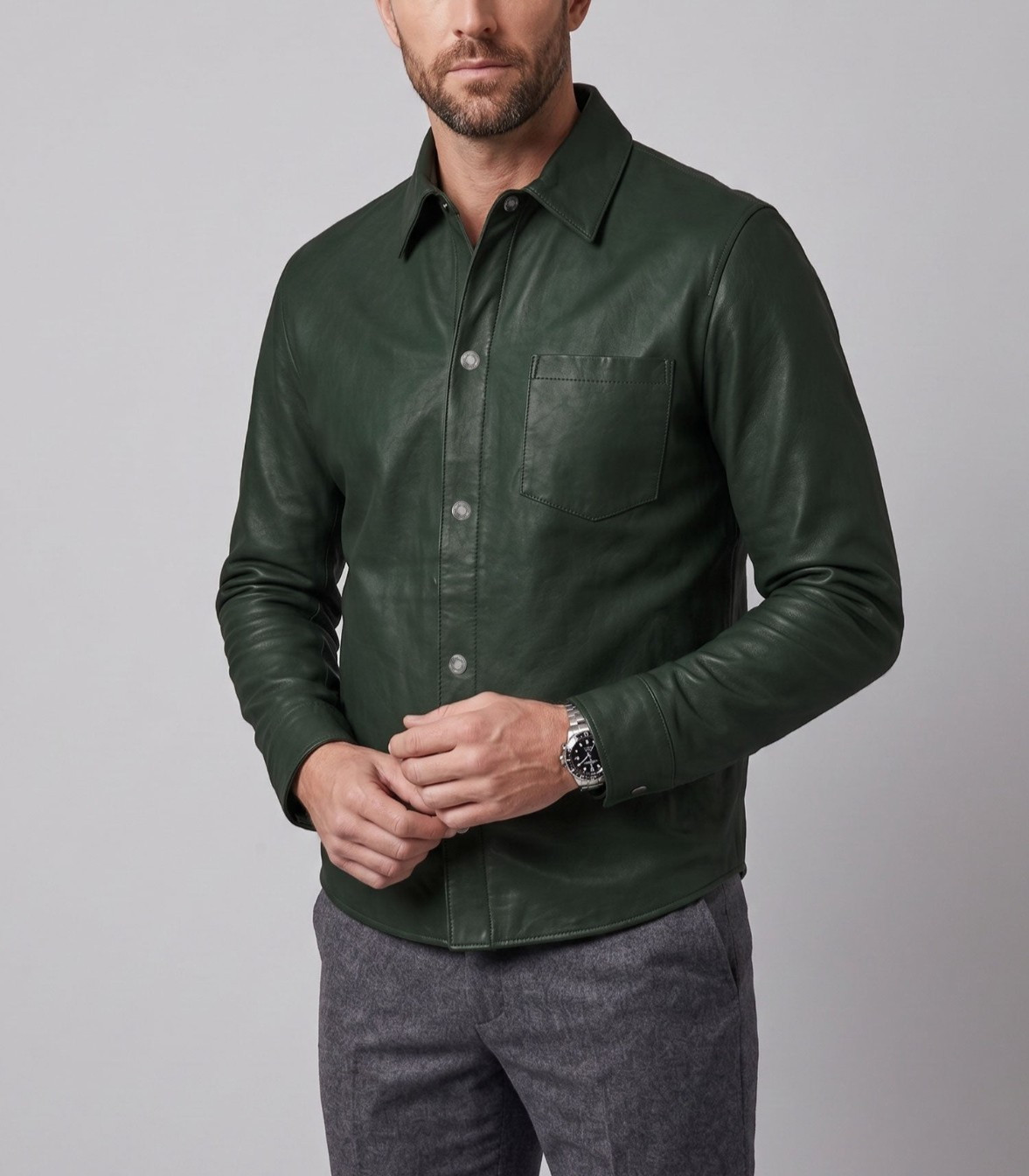 Men Olive Green Napa Leather Shirt Jacket Casual Shacket Slim Fit Overshirt New