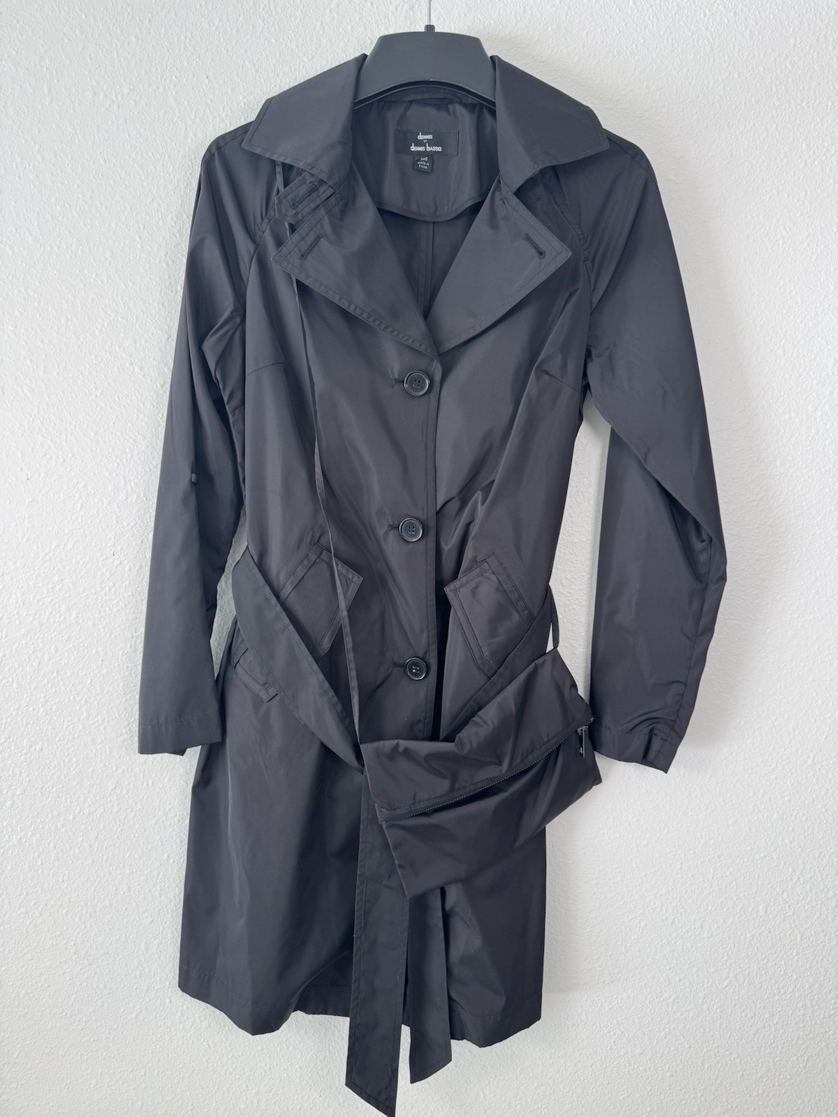 Dennis by Dennis Basso Black Belted Trench Coat Button Pockets Mid-Length XXS