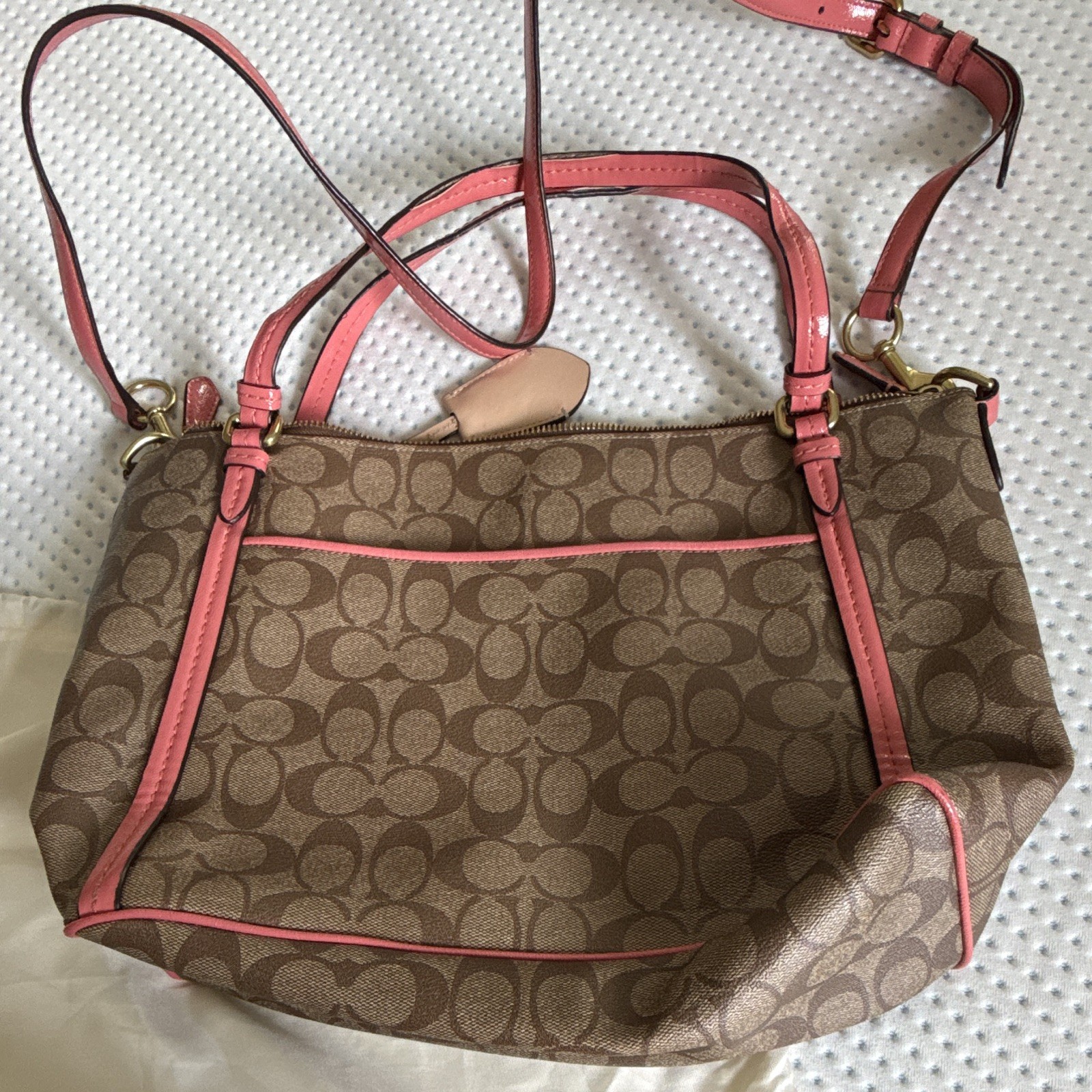 Coach Signature Brown & Pink Shoulder Bag Zip w/ Detachable Strap, Dust Bag