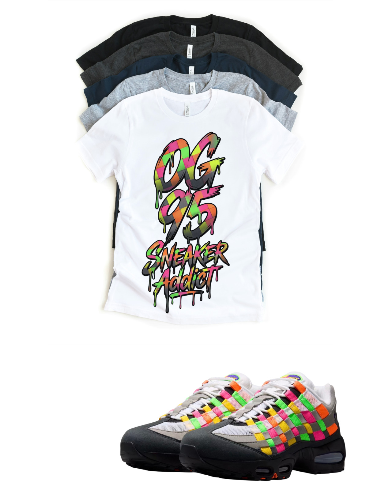 OG Retro Max 95 Sneaker Addict Woven Multi-Colored Tee Sneaker Matching T-Shirt