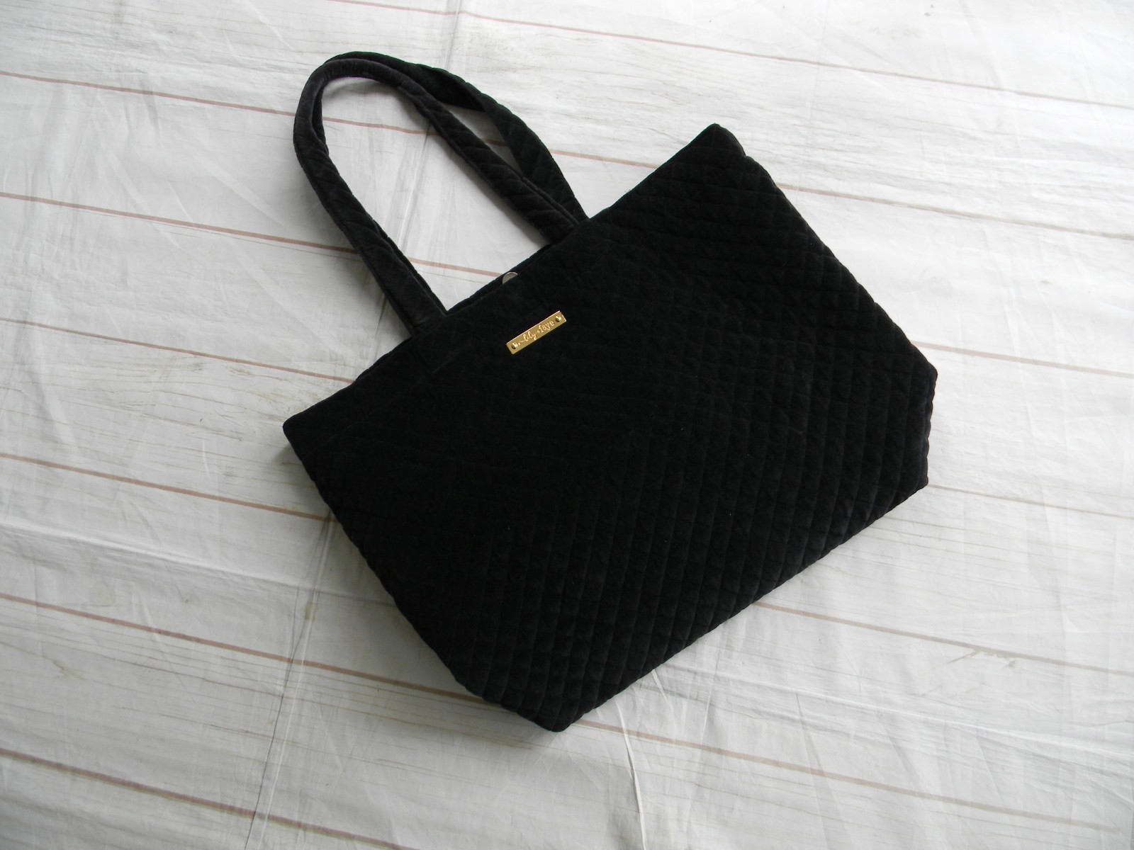 LILY & FAYE BLACK VELVET QUILTED LARGE TRAVEL WORK TOTE