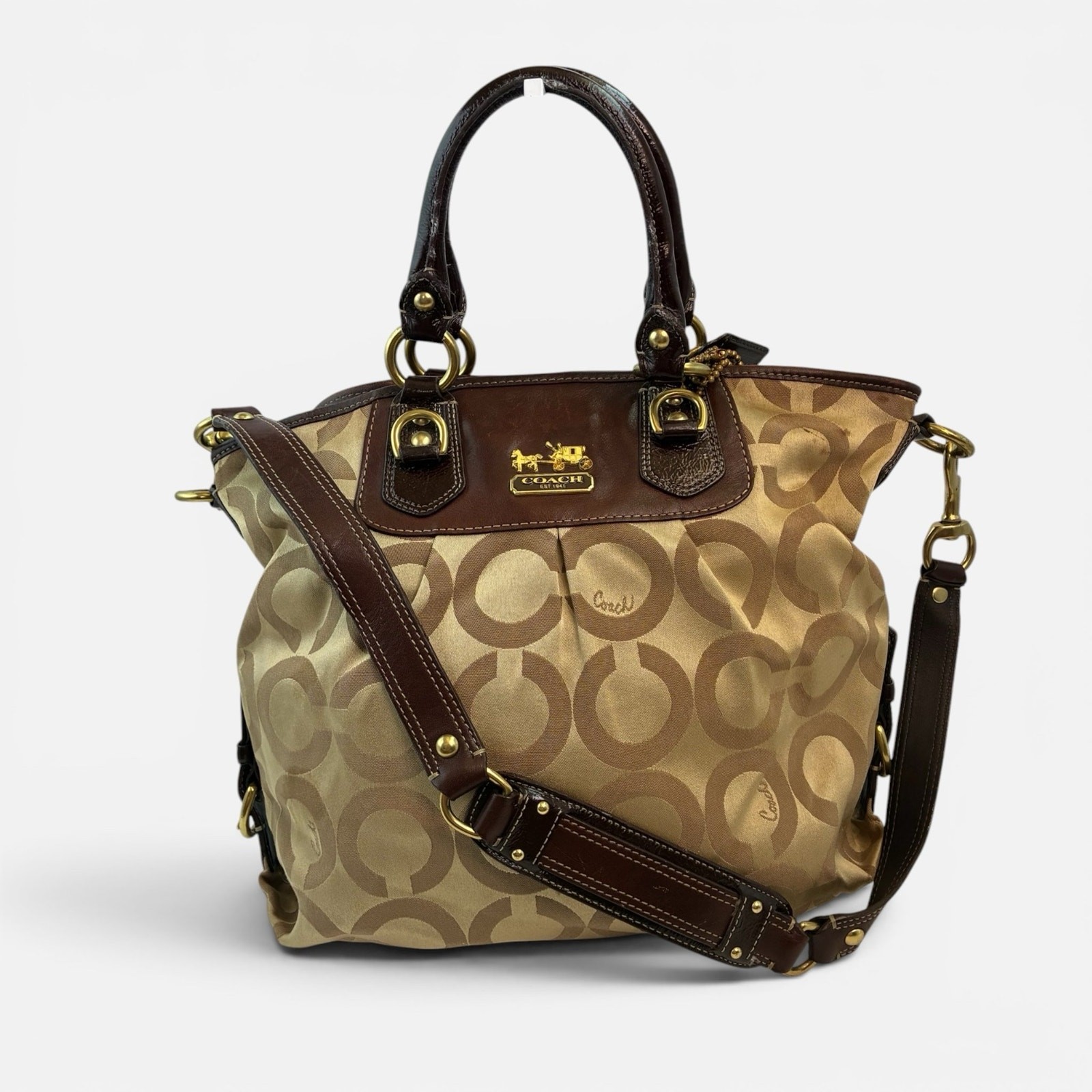 Coach Signature Khaki Brown Satchel Shoulder Bag Crossbody Tote
