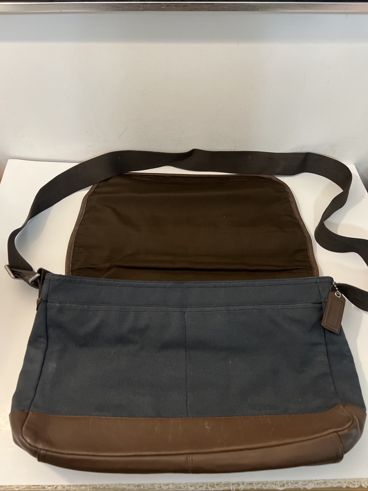 COACH Camden Messenger Bag Brown Grayish-blue Canvas Leather Trim 70829