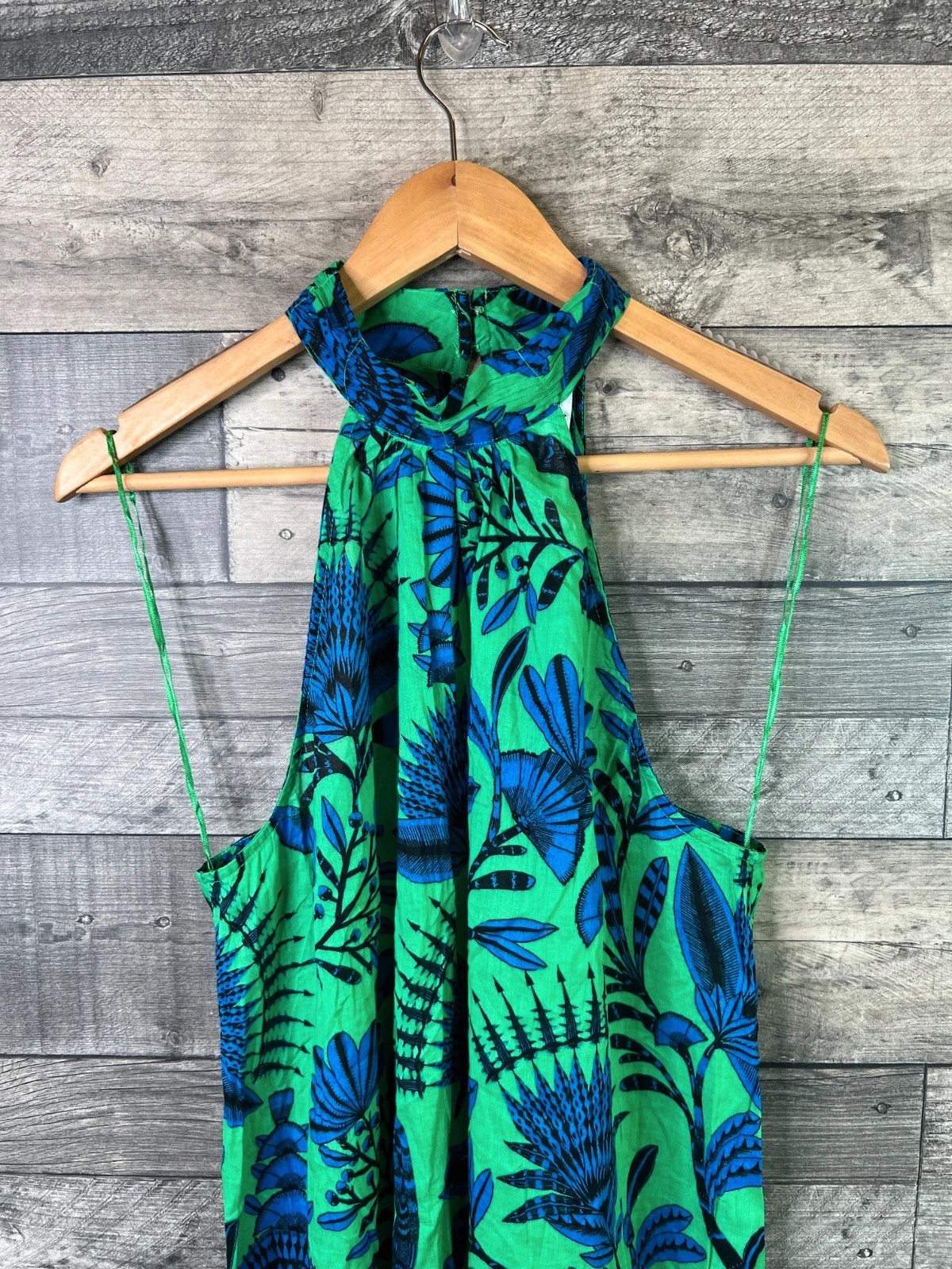 Accessorize Fan Halterneck Mini Dress Size Medium Green Blue Floral Cotton