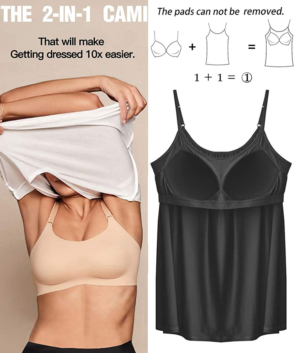 Women Fashion Swing Flowy Cami with Built in Bra Seamless Strap Tank Top Vest US