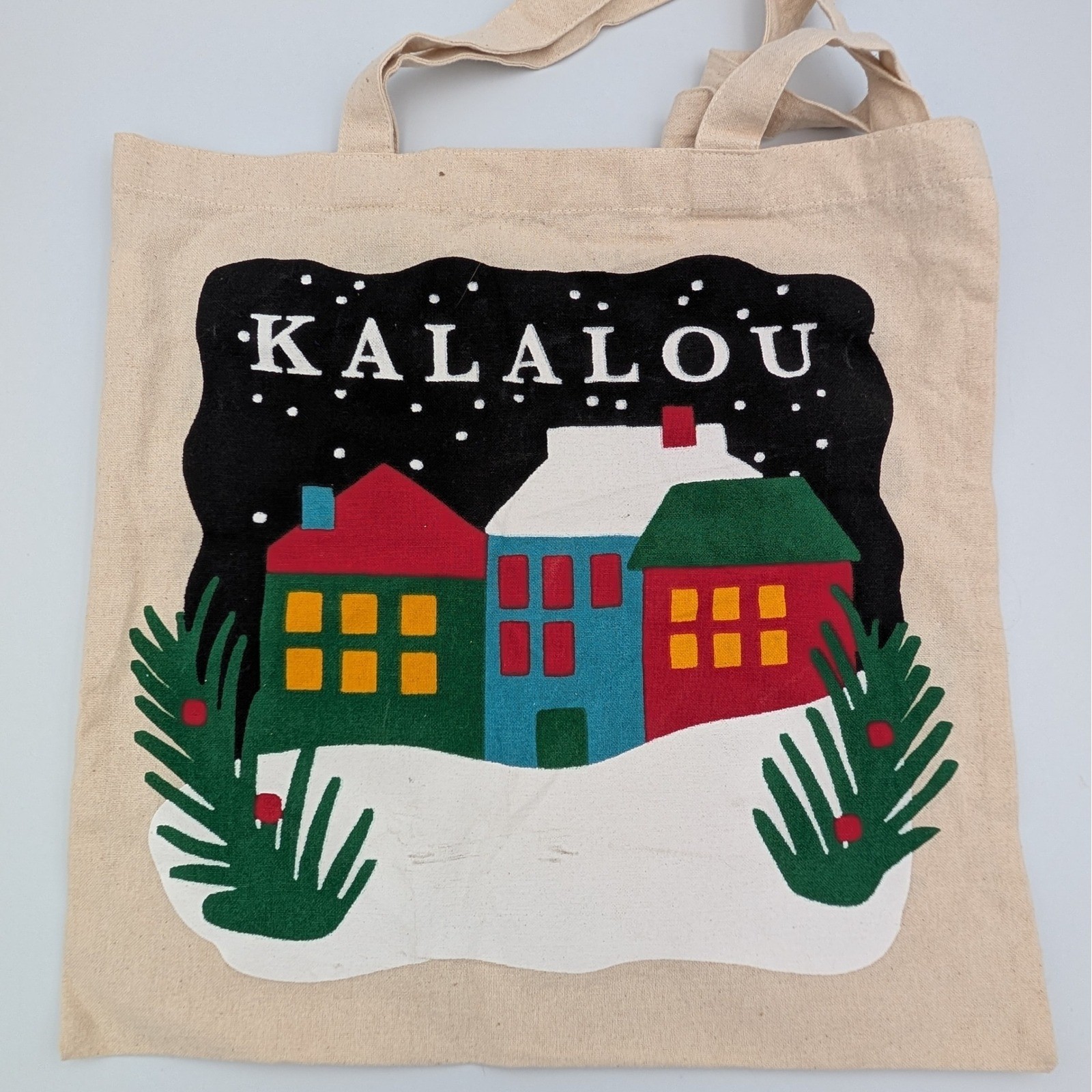 Kalalou Winter Village Canvas Tote Bag Christmas Holiday Village Scene Cream 15″