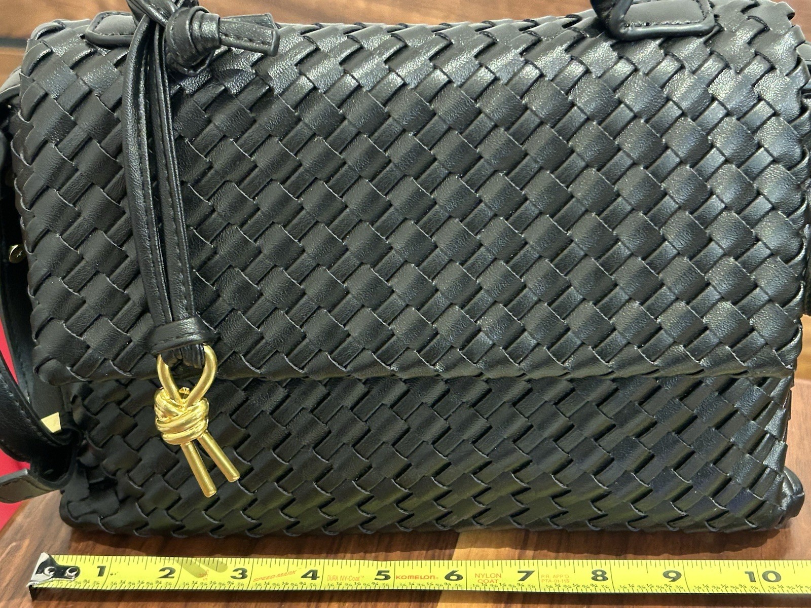 Women’s Black Woven Satchel Top Handle Turn Lock, Detachable Strap Gold Hardware