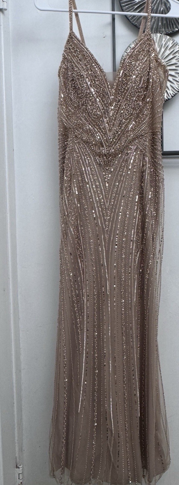 Ladivine by Cinderella Divine Champagne Beaded Sequin Mesh Gown Dress Size 12P