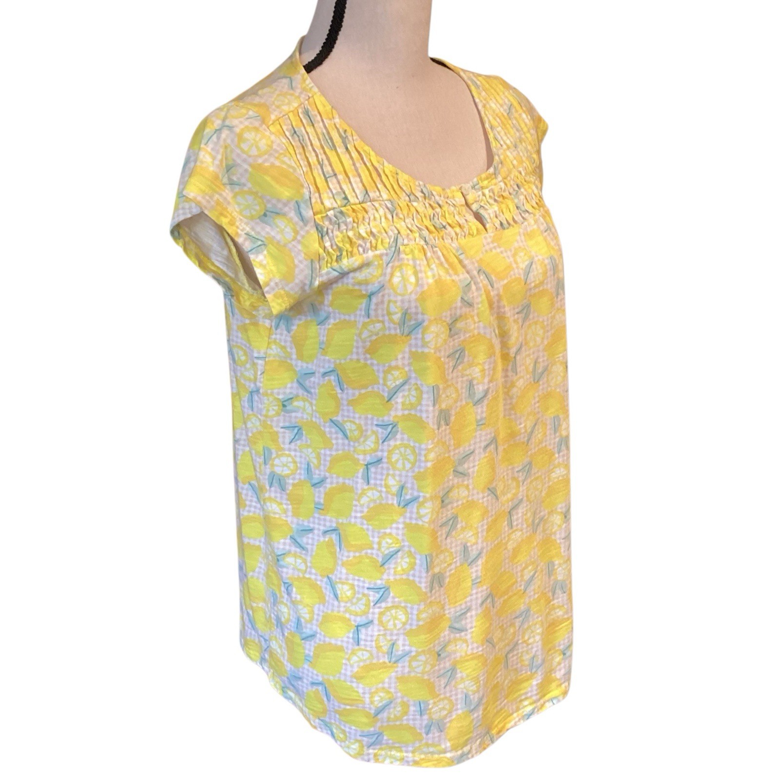 Lands End Lemon & Check Print Cap Sleeve Cotton & Modal Top, Medium Scoop Neck