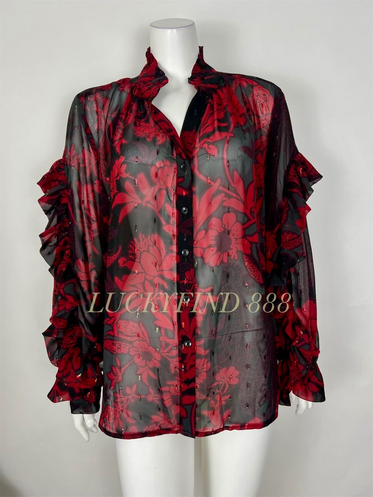 Chico’s Women’s Sheer Floral Blouse NWOT Sz 3.5 (18) Ruffle Metallic Red Black