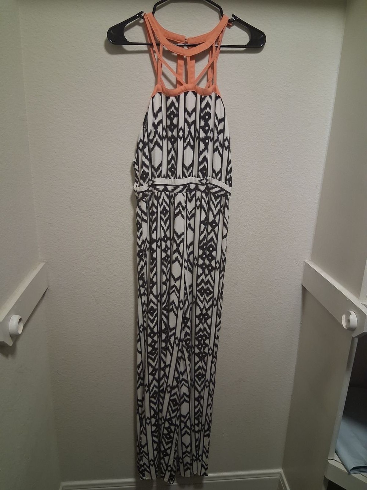 Sleeveless Black & White Geometric Maxi Jumpsuit with Coral Straps