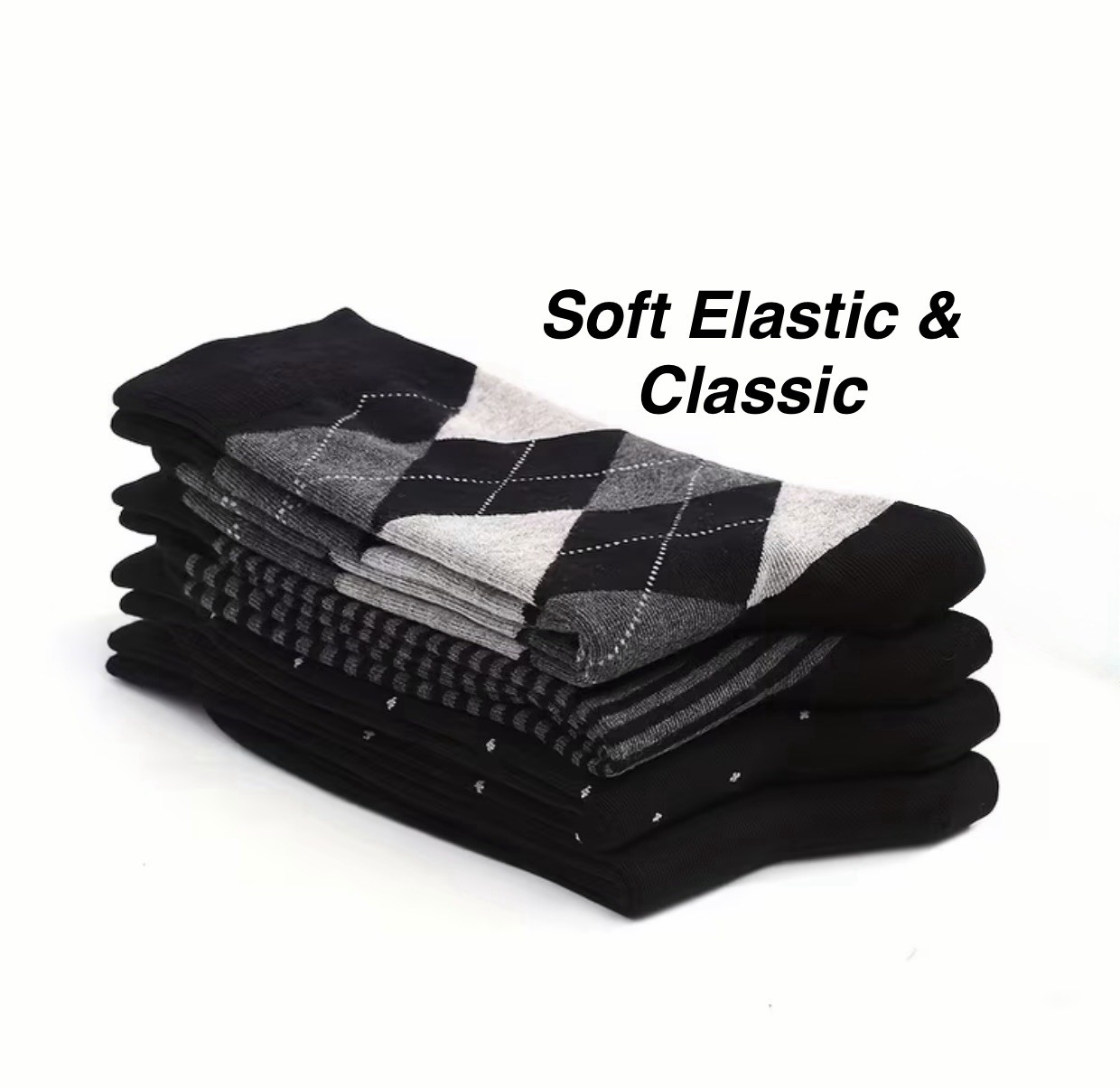 Men’s Argyle Dress Socks Black/Gray Mid Calf Seamless Toe, 5 Pairs Pack