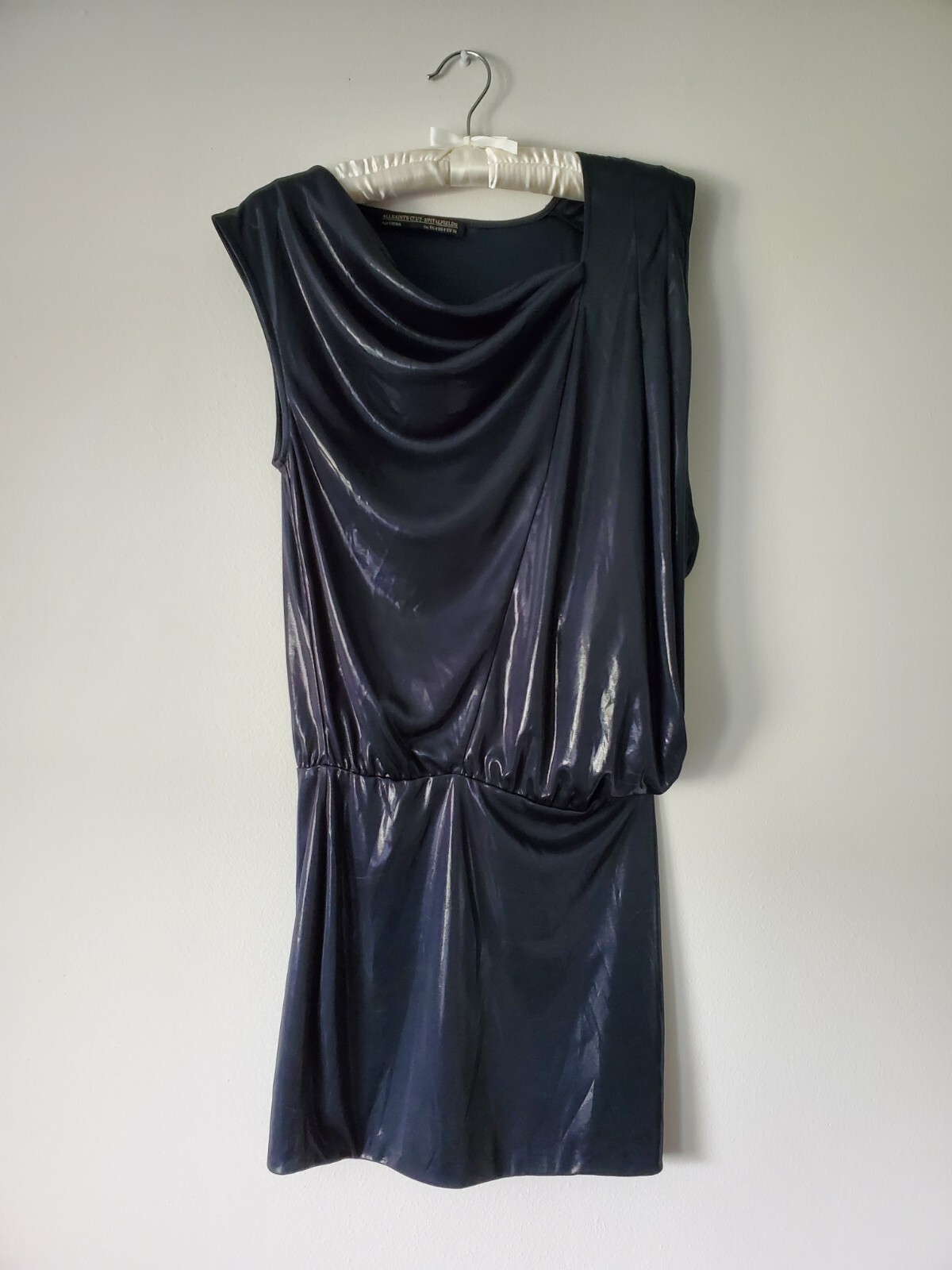 All Saints Amelia Foil Dress In Charcoal Slinky Draped Asymmetric Sz EU 36/ US 4