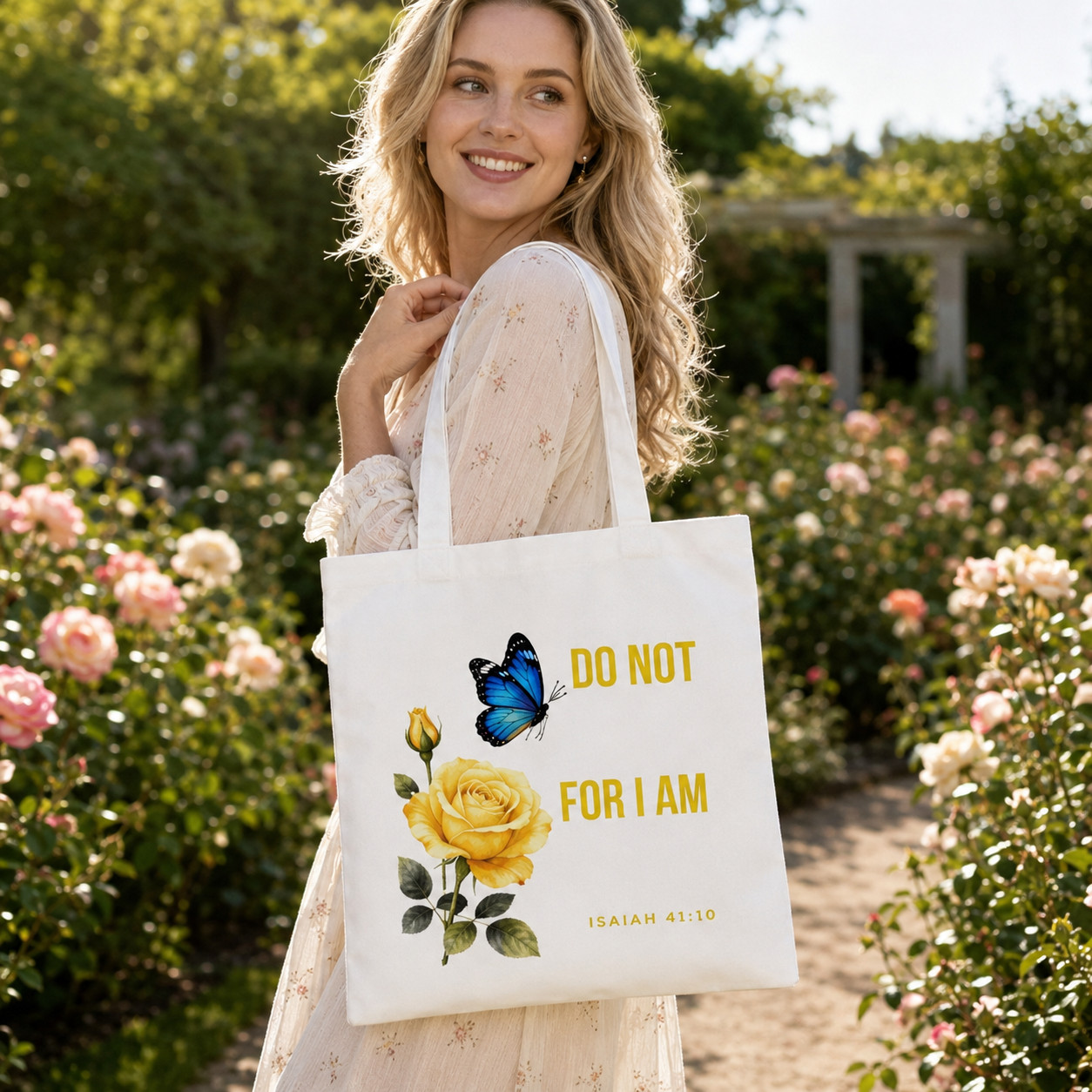 Women’s Butterfly & Rose Letter Canvas Tote Bag for Shopping