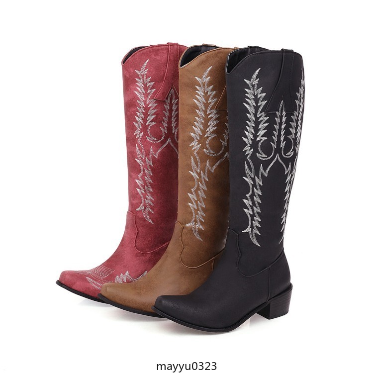 Womens Embossed Zip Mid Block Heel Cowgirl Mid Calf Knee High Boots Western PLus
