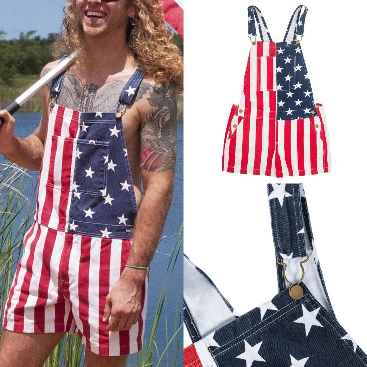 Men’s & Women’s Overalls USA America Flag Print Bib Pants Jumpsuit Romper Shorts