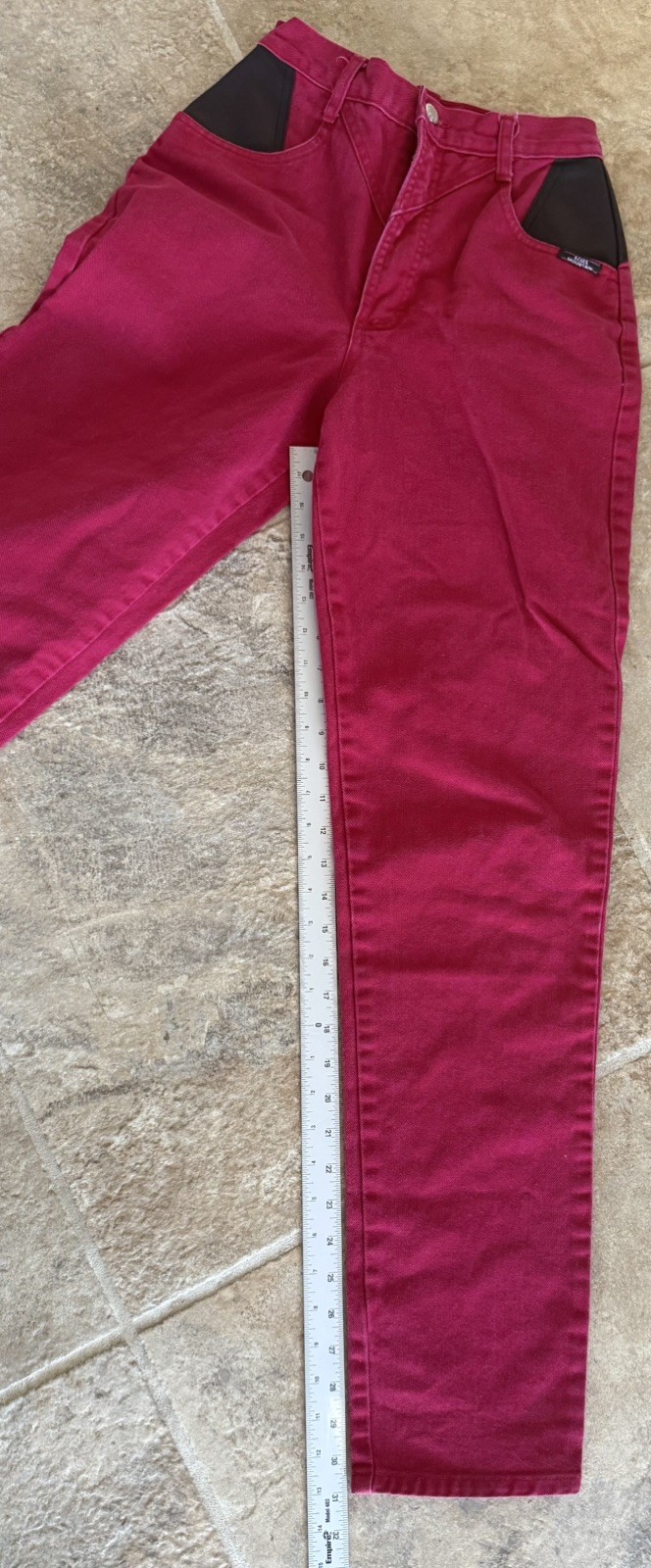 Vintage 90s Ozark Mountain red Western jeans with leather, straight‑leg size 5