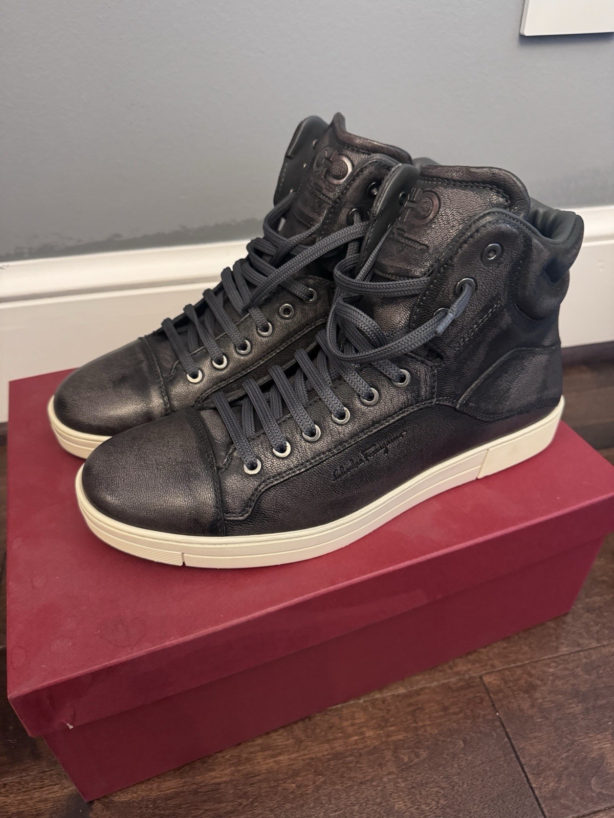 Salvatore Ferragamo Nayon High Top Sneaker Men’s Black/Gold, Size 9