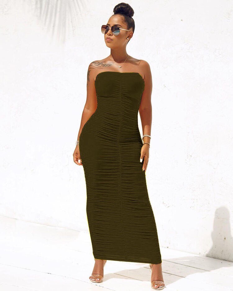 Women’s Sexy Ruched Tight Strapless Sleeveless Bodycon Tube Maxi Long Club Dress