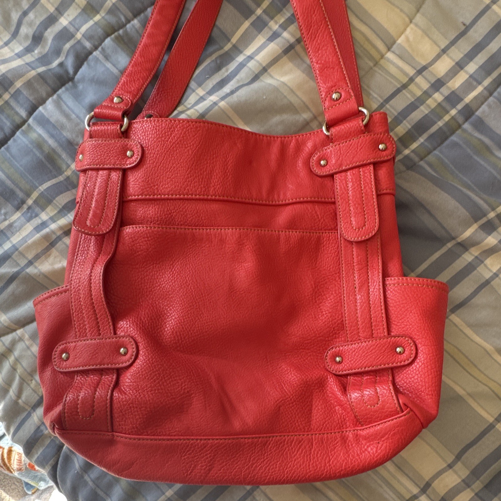 Ellen Tracy Red Pebbled Shoulder Bag Zip Closure Silver Hardware Double Handles