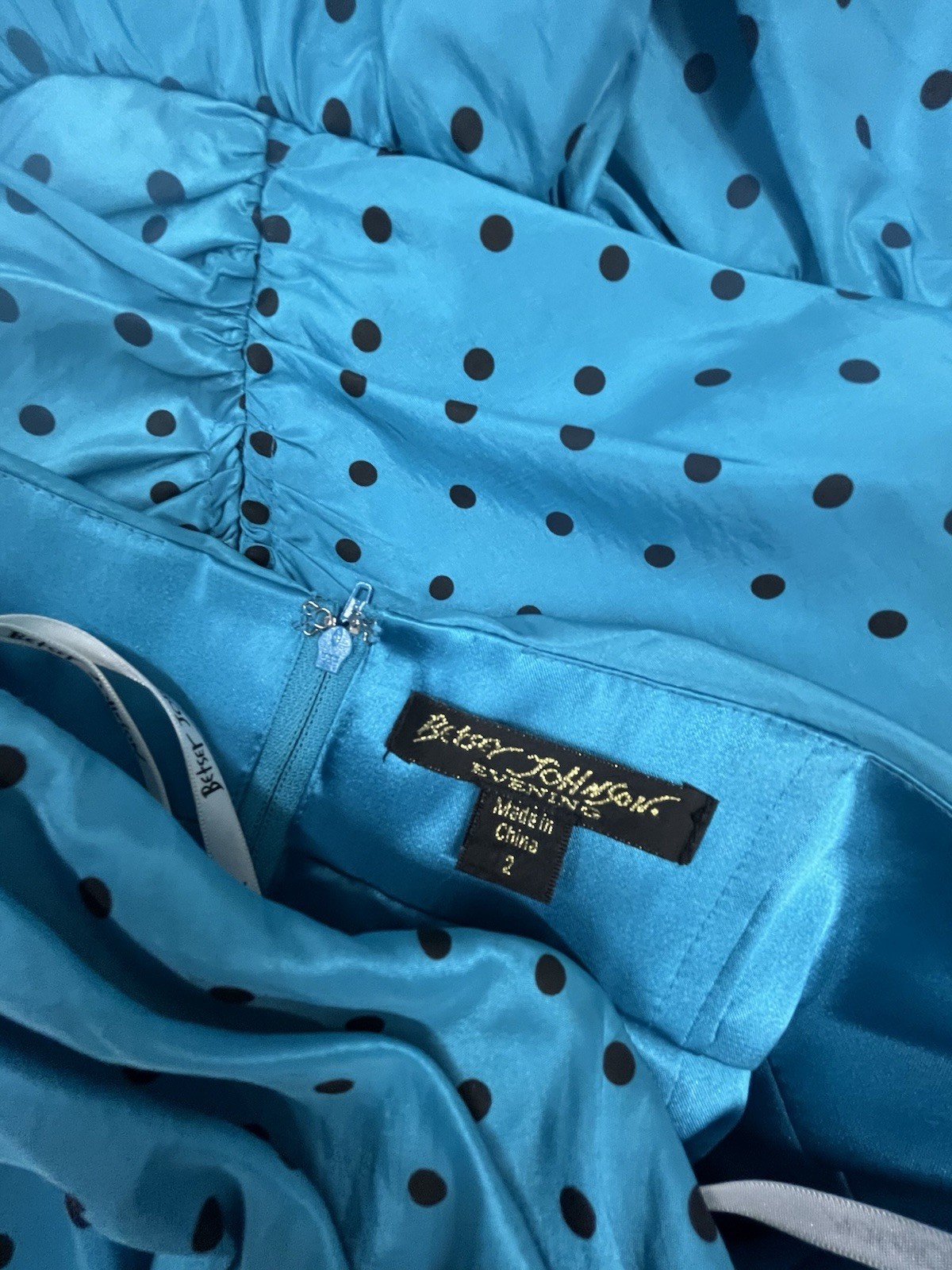Betsey Johnson Y2K Blue Black Dot Taffeta Strapless Bow Prom Dress 2